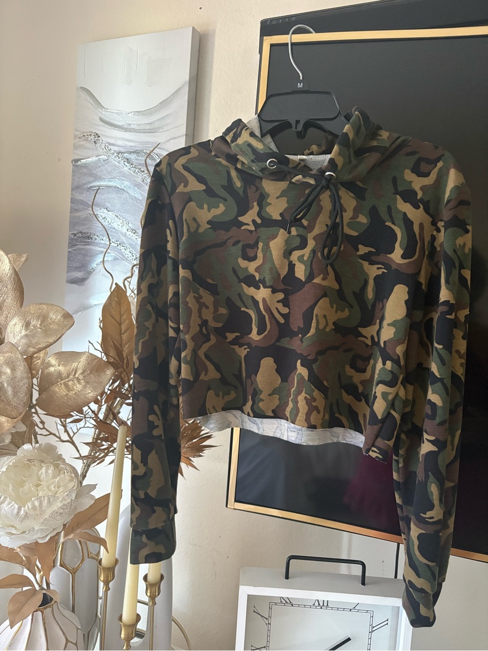 Camo Cropped Hoodie - Women's Green Camouflage Pullover